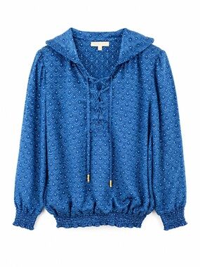 Paloma Blue 100% Silk Hooded Blouse S Blue Fan Print Lace Up Boho Resortwear